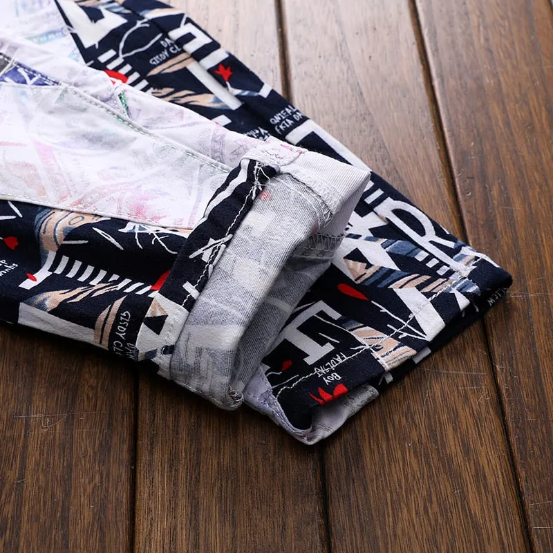 Mixed Colorful Letters Men Newspaper Printed Jeans