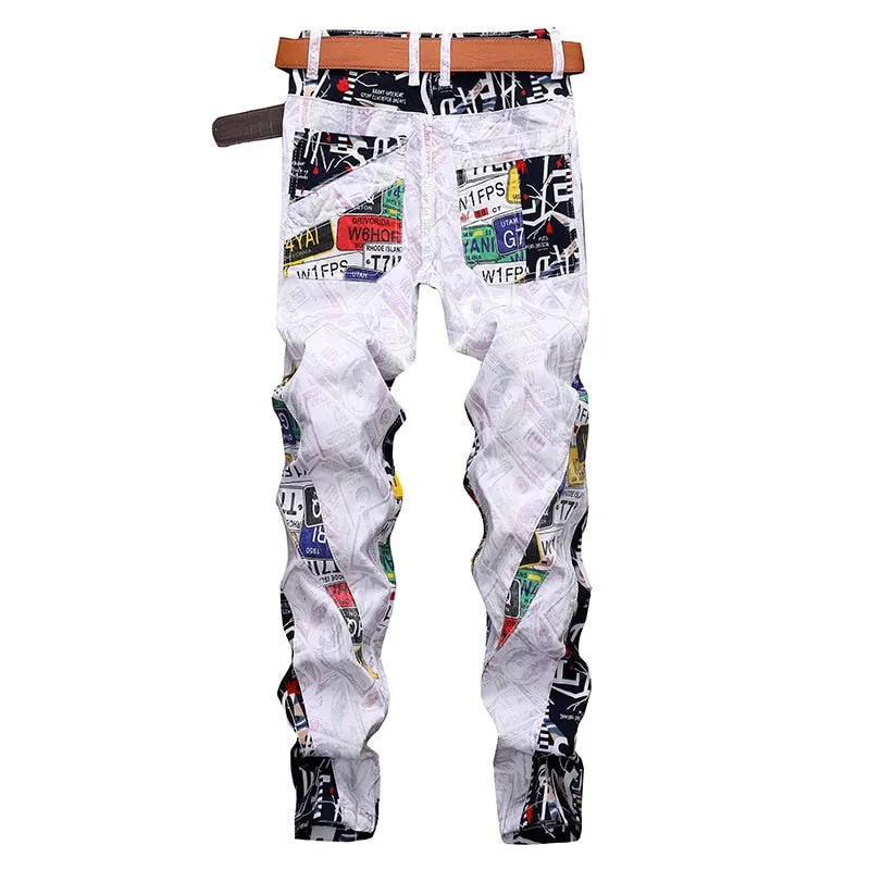 Mixed Colorful Letters Men Newspaper Printed Jeans