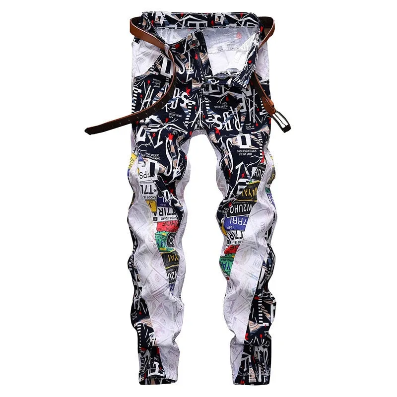 Mixed Colorful Letters Men Newspaper Printed Jeans