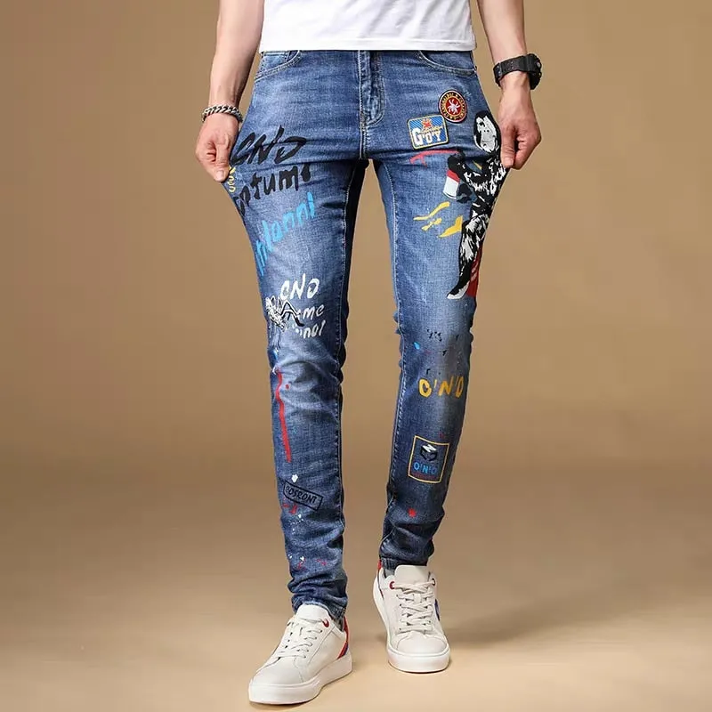 Mixed Embroidery Men Painted Slim Fit Jeans