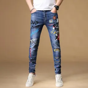 Mixed Embroidery Men Painted Slim Fit Jeans