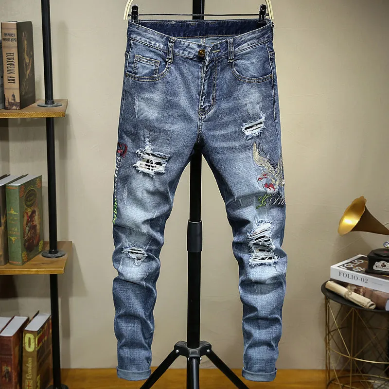 Motorcycle Style Printed Distressed Men Jeans