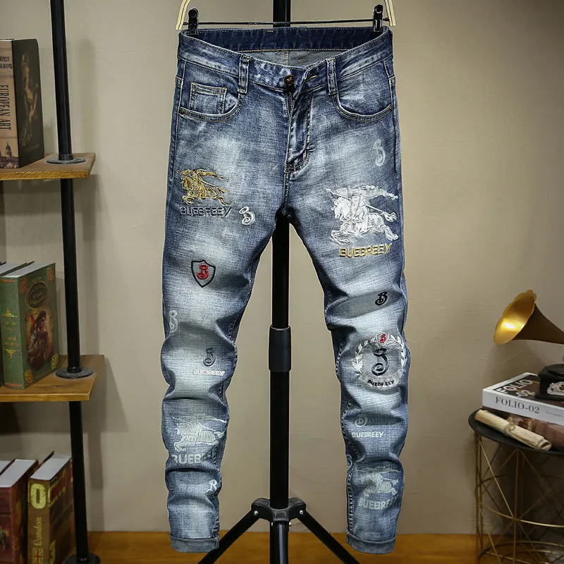 Motorcycle Style Printed Distressed Men Jeans