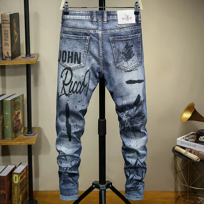 Motorcycle Style Printed Distressed Men Jeans