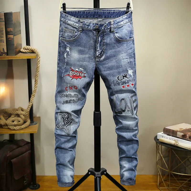 Motorcycle Style Printed Distressed Men Jeans