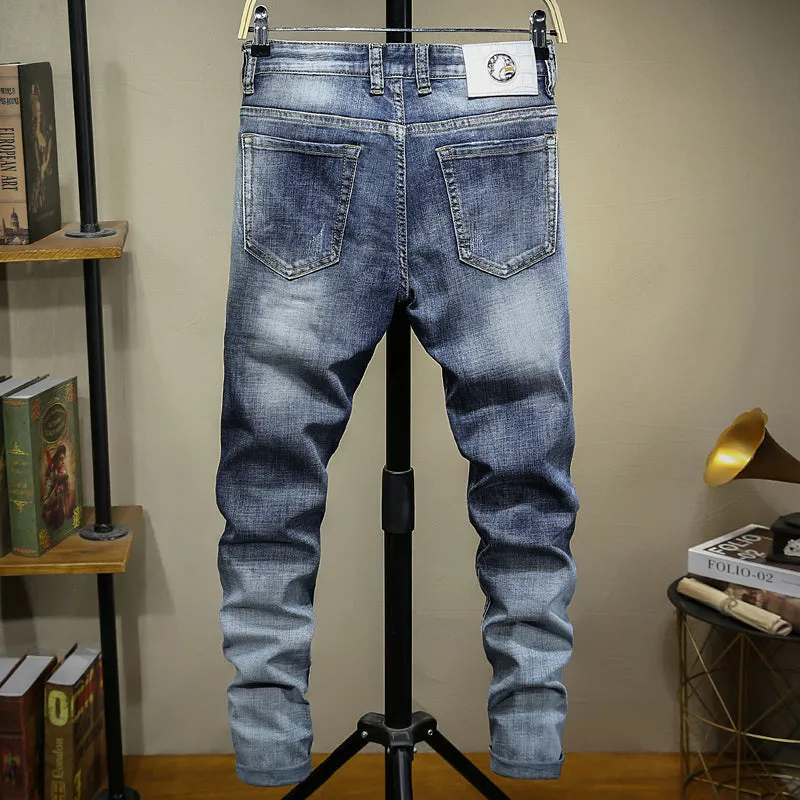 Motorcycle Style Printed Distressed Men Jeans