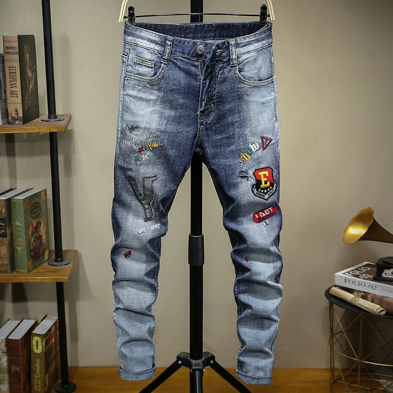 Motorcycle Style Printed Distressed Men Jeans