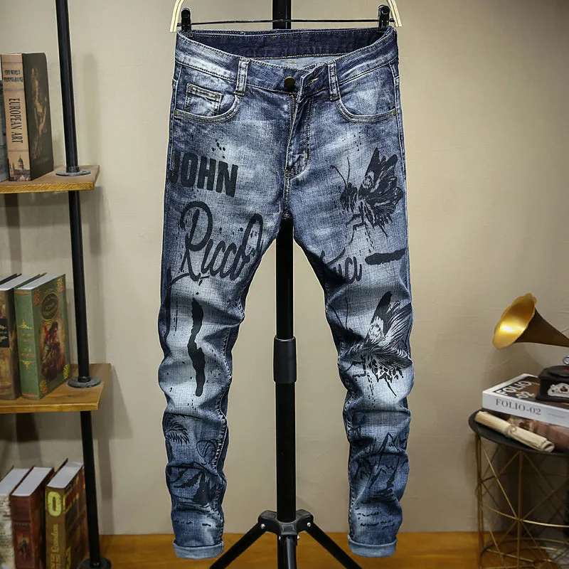 Motorcycle Style Printed Distressed Men Jeans