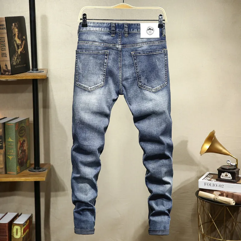 Motorcycle Style Printed Distressed Men Jeans