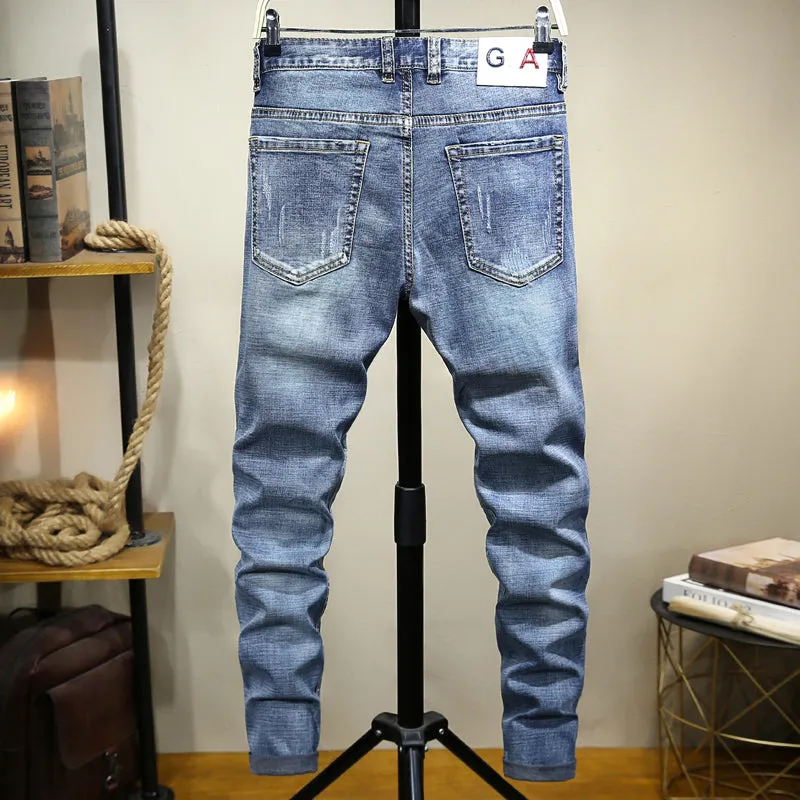 Motorcycle Style Printed Distressed Men Jeans