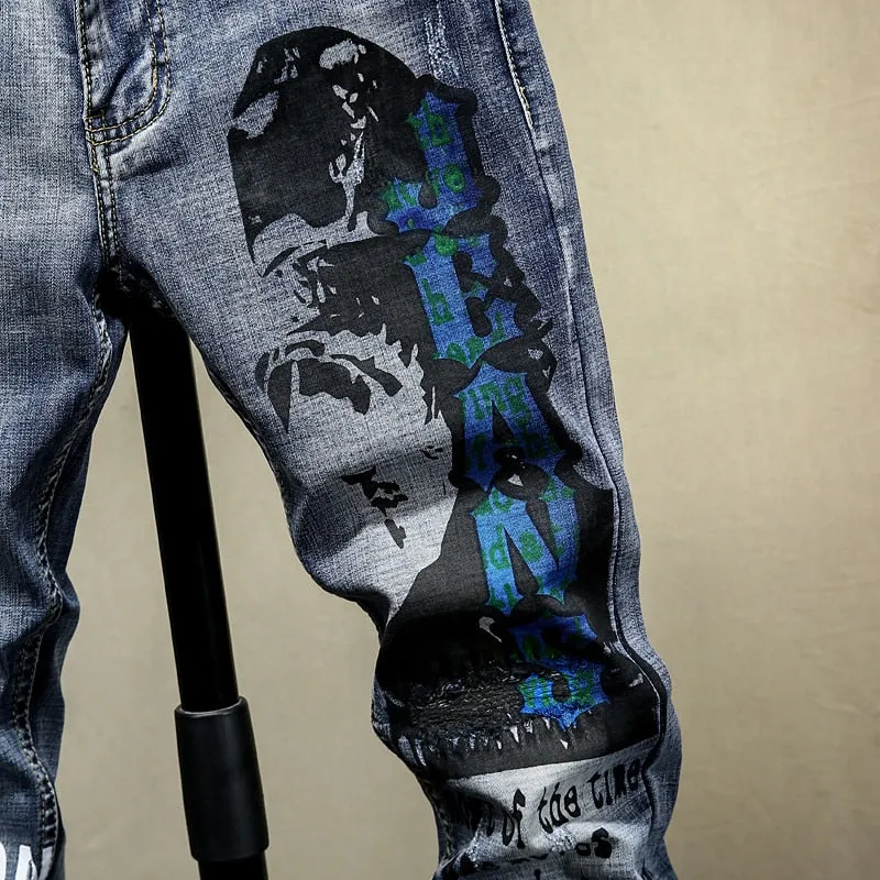 Motorcycle Style Printed Distressed Men Jeans