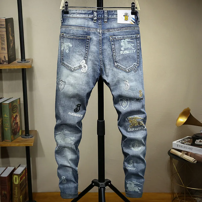 Motorcycle Style Printed Distressed Men Jeans