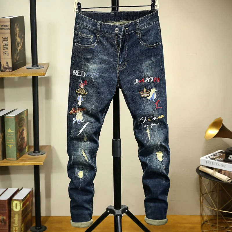 Motorcycle Style Printed Distressed Men Jeans