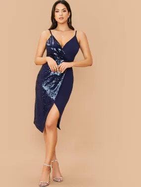 Navy Blue Sleeveless Spaghetti Strap Sequin Panel Wrap Cami Dress