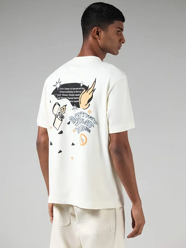 Nuon Off White Printed Cotton Relaxed-Fit T-Shirt