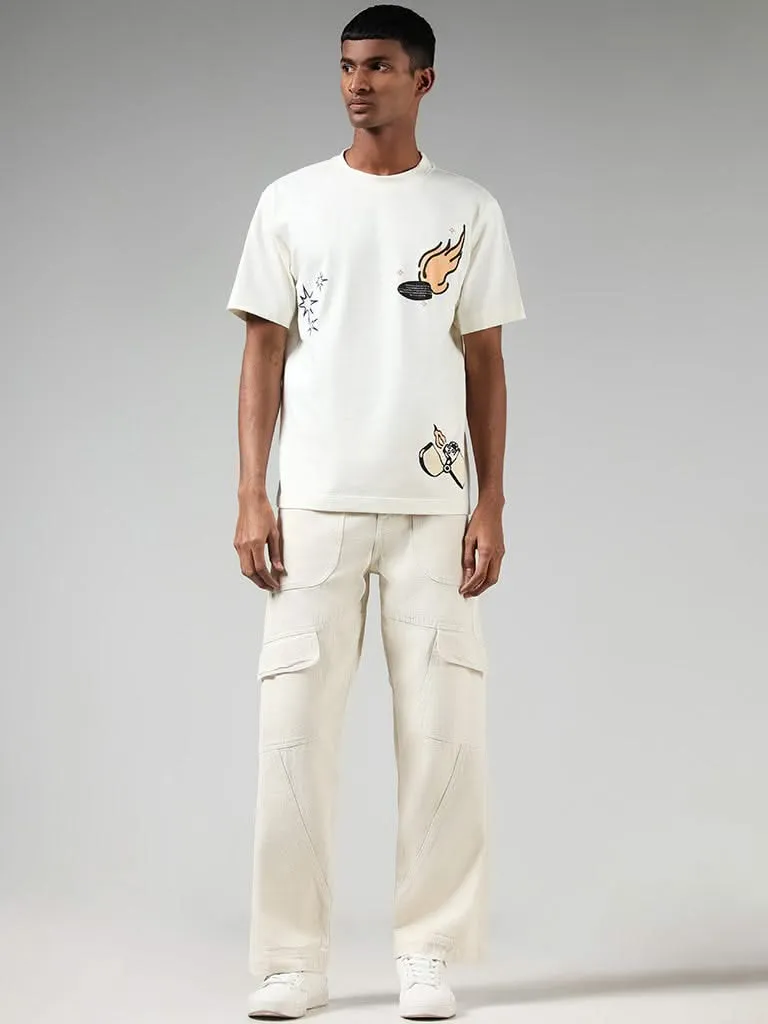 Nuon Off White Printed Cotton Relaxed-Fit T-Shirt