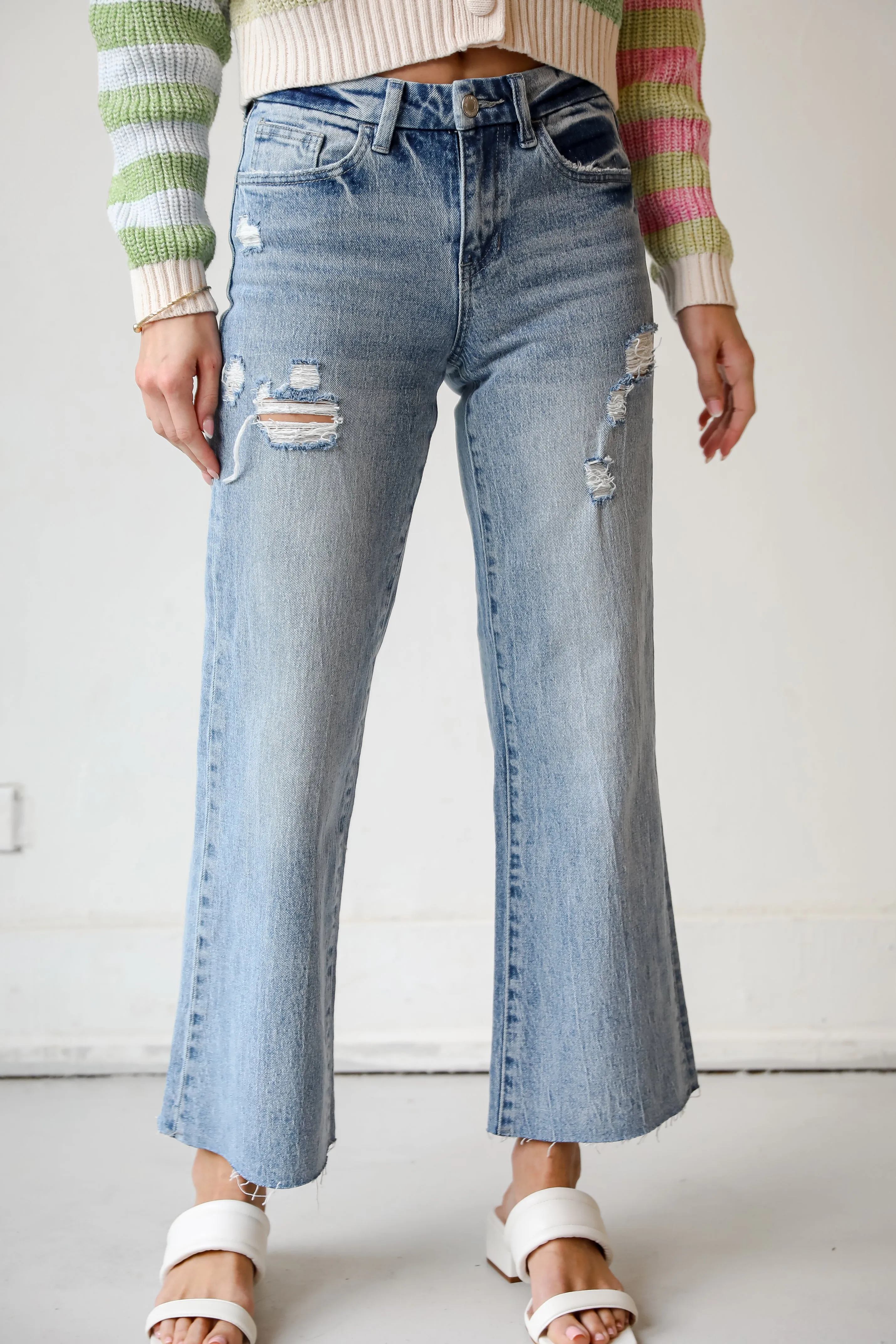 Olivia Medium Wash Distressed Wide Leg Jeans