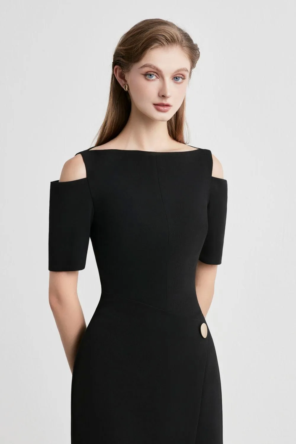 Oressa Wrap Cold Shoulder Sleeved Punto Midi Dress