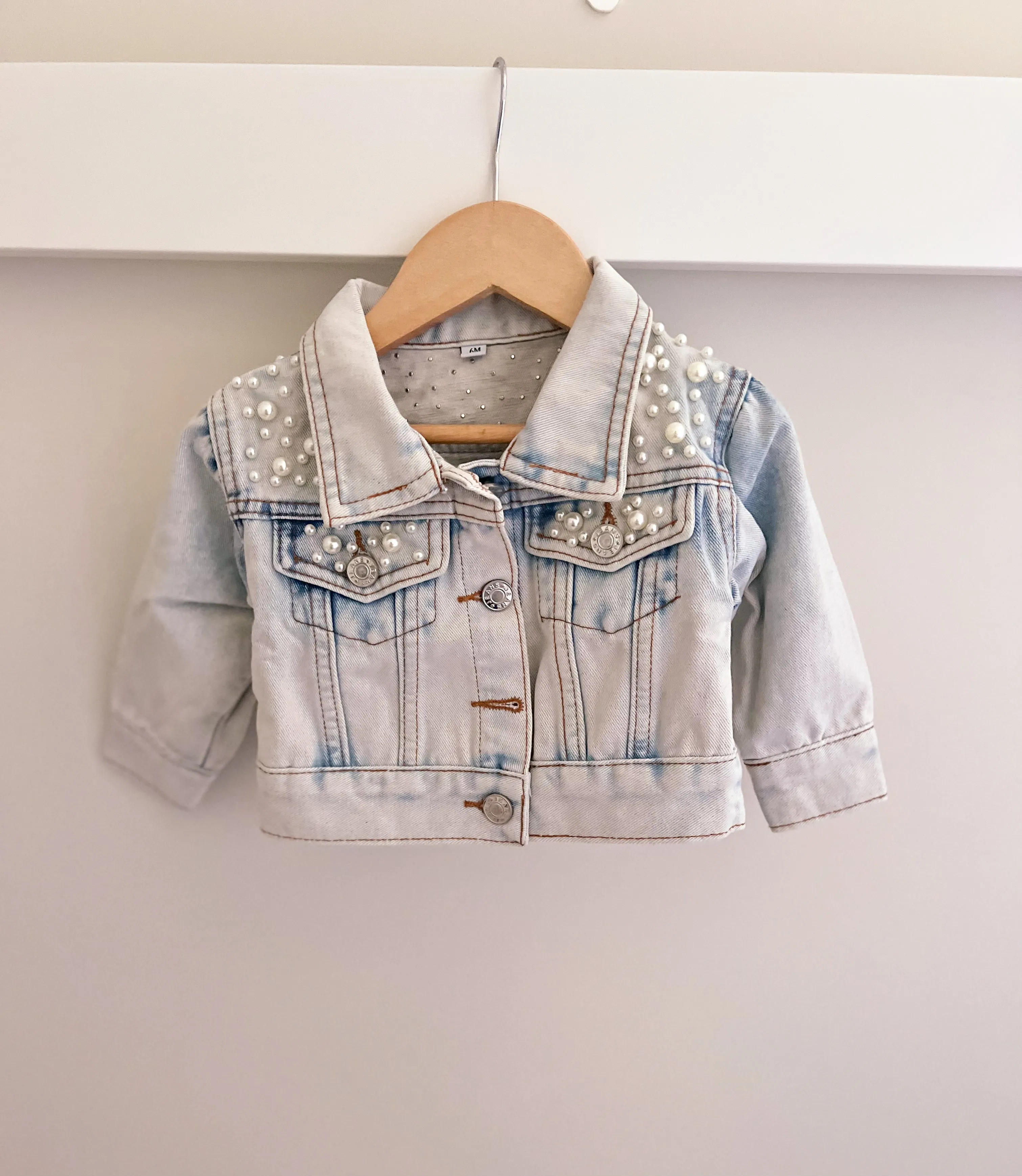 Oversized Light Wash Pearl Denim Jacket