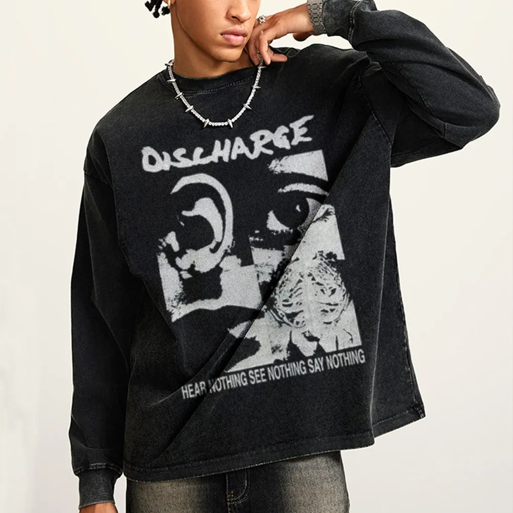 Oversized Vintage Washed Hear Nothing Graphic Sweatshirt