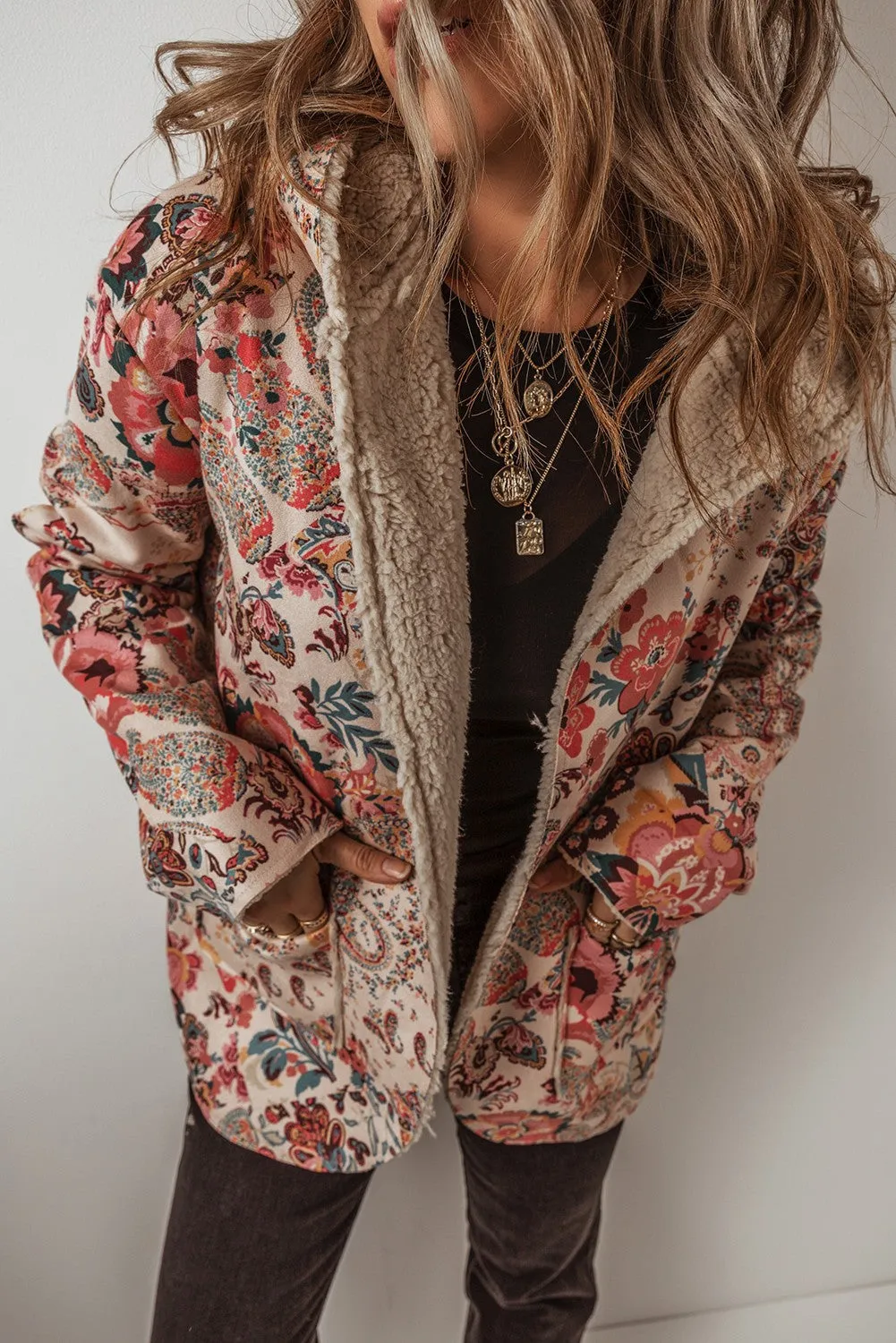 Paisley Floral Printed Sherpa Lined Hooded Jacket