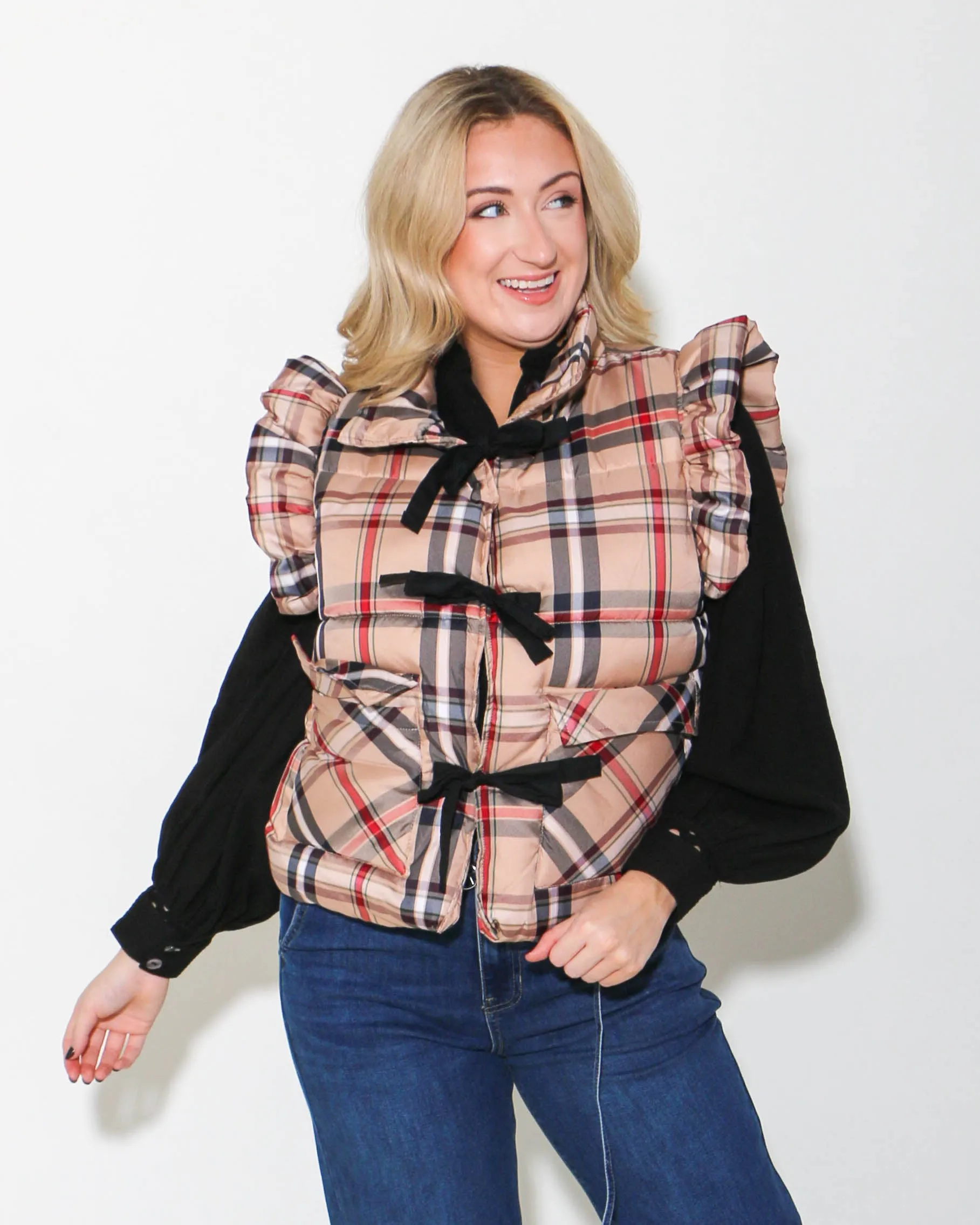 Plaid Puffer Vest with Bow Ties