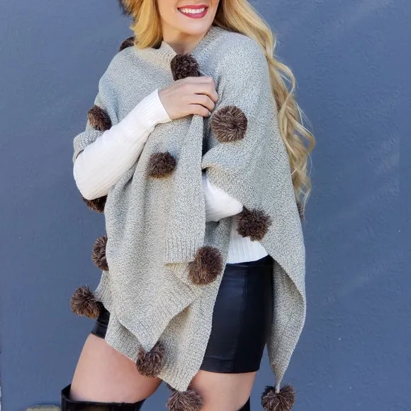 Playful Pom Pom Wrap Shrug Tan