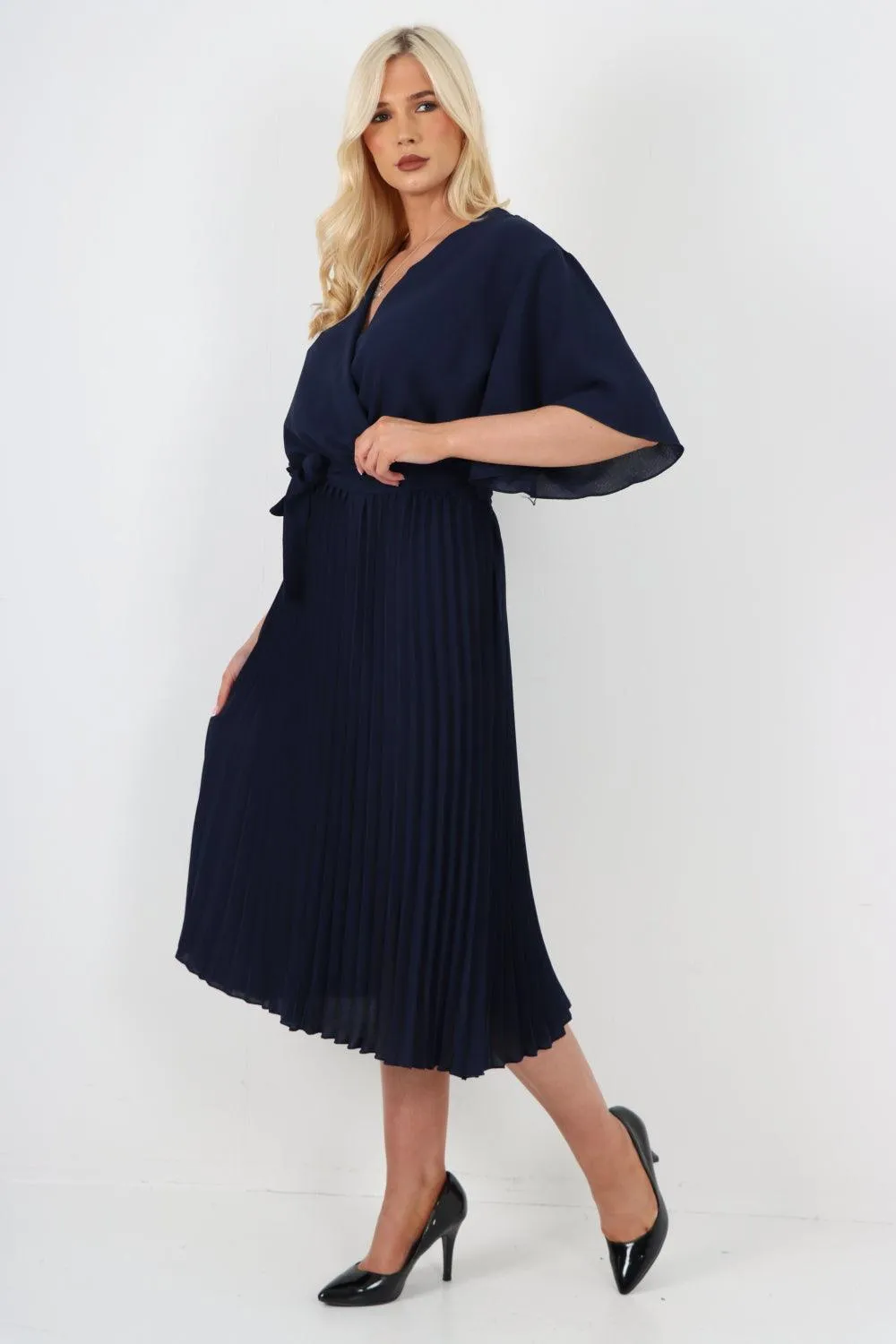 Pleated Belted Wrap Short Sleeve Midi Dress