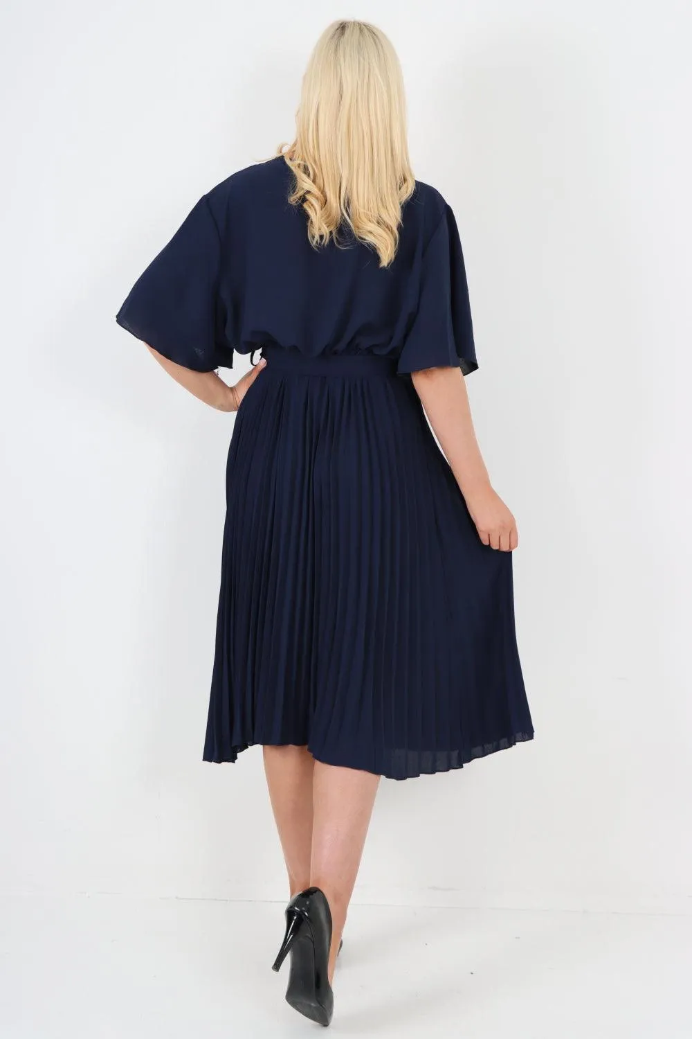 Pleated Belted Wrap Short Sleeve Midi Dress