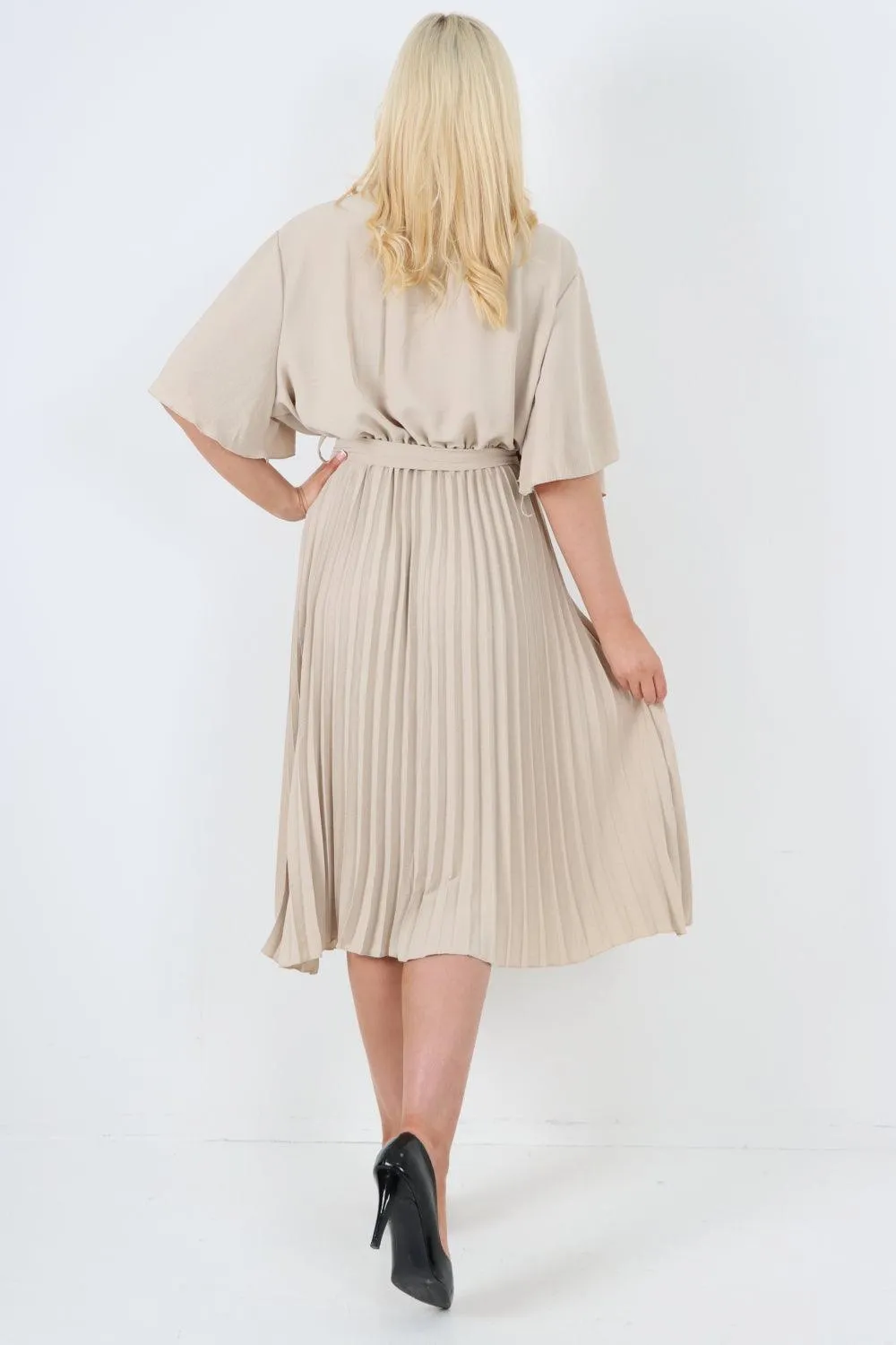 Pleated Belted Wrap Short Sleeve Midi Dress