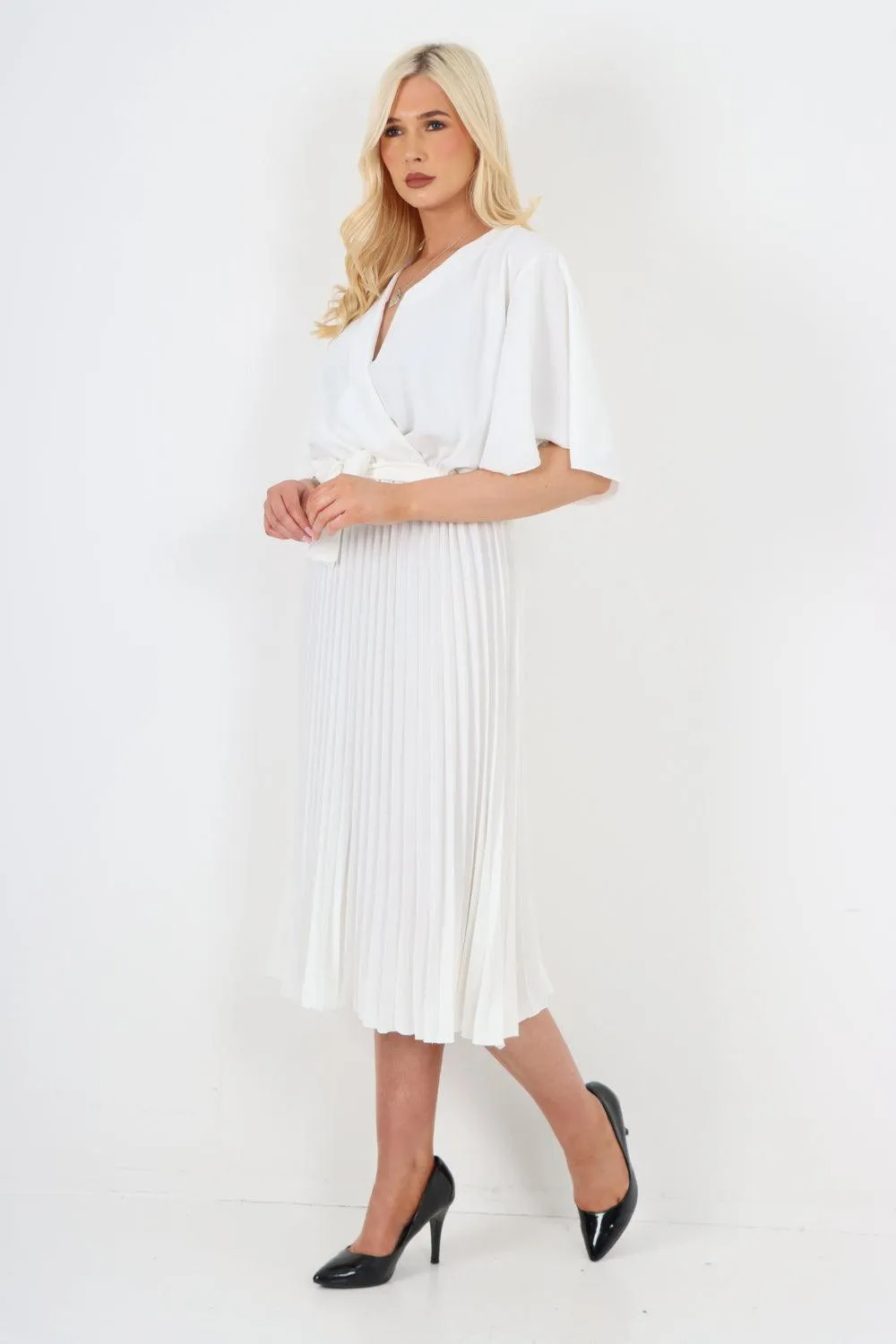 Pleated Belted Wrap Short Sleeve Midi Dress