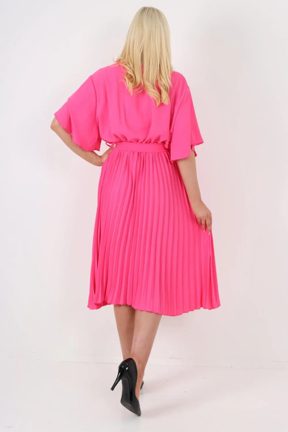 Pleated Belted Wrap Short Sleeve Midi Dress