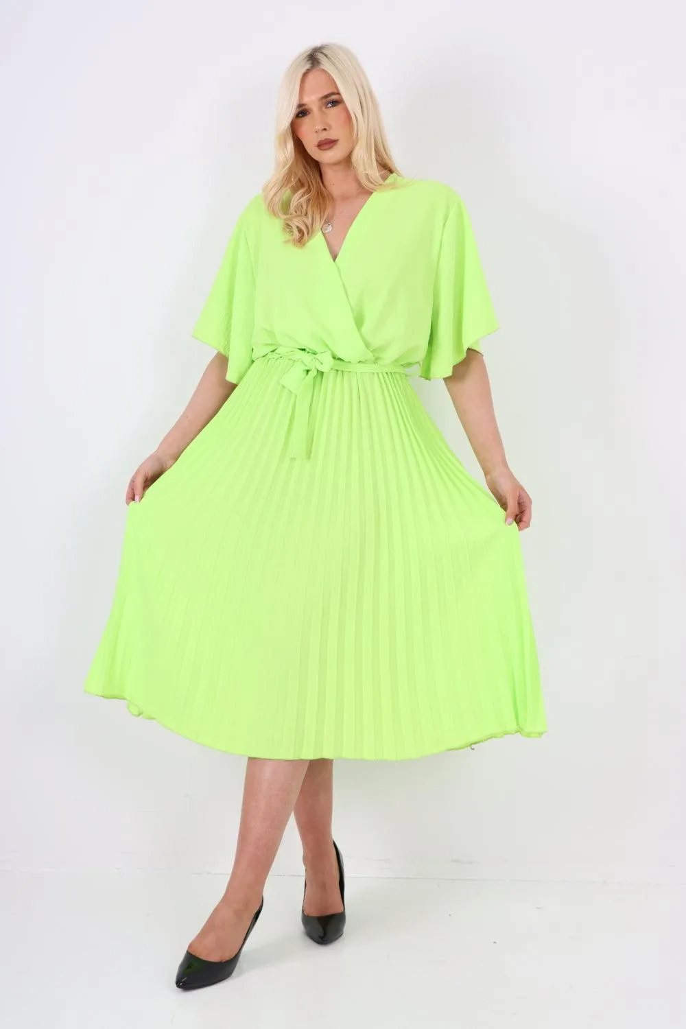 Pleated Belted Wrap Short Sleeve Midi Dress