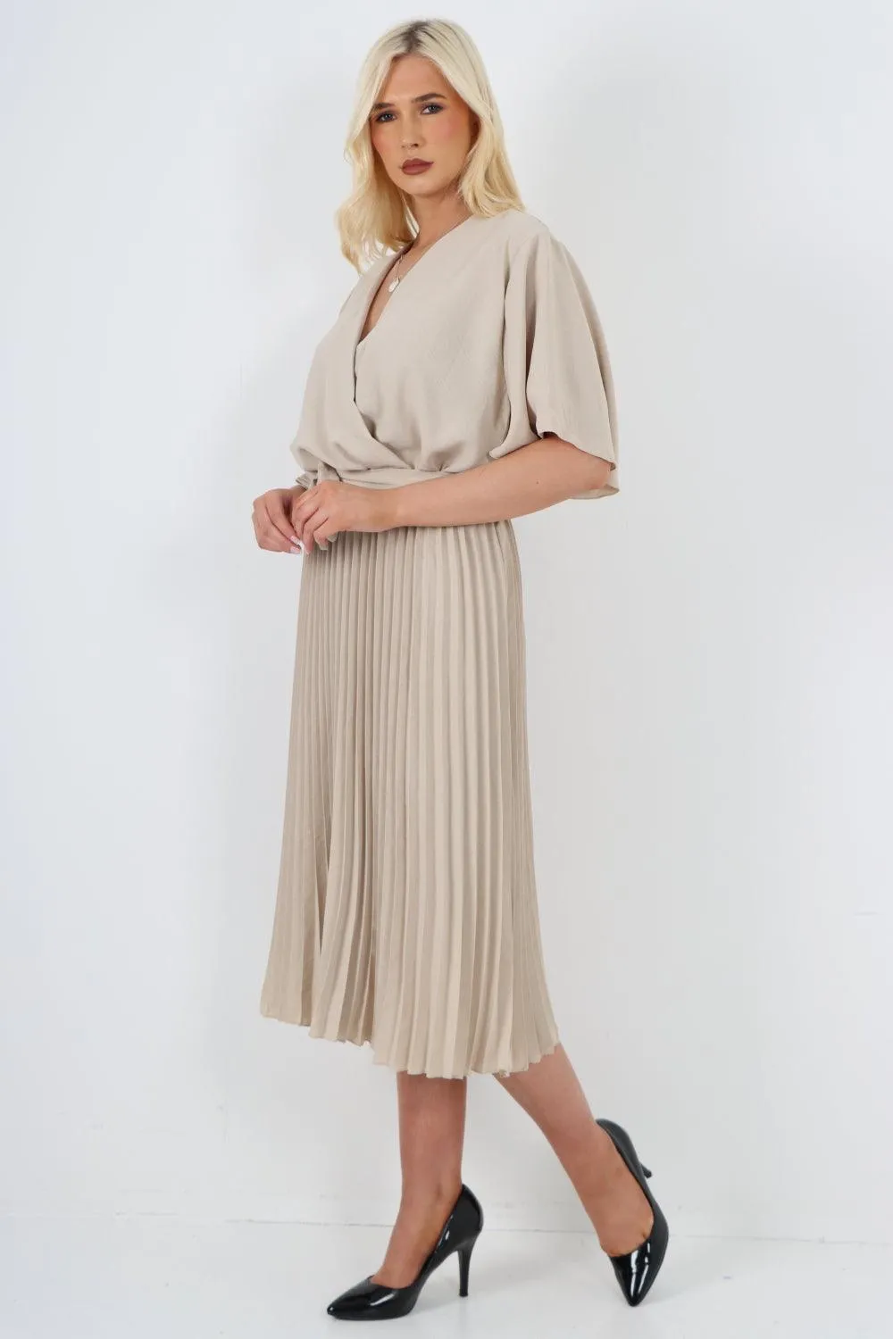 Pleated Belted Wrap Short Sleeve Midi Dress