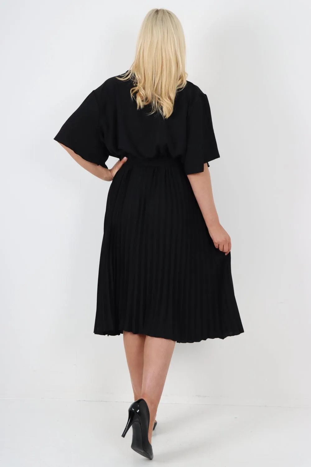 Pleated Belted Wrap Short Sleeve Midi Dress