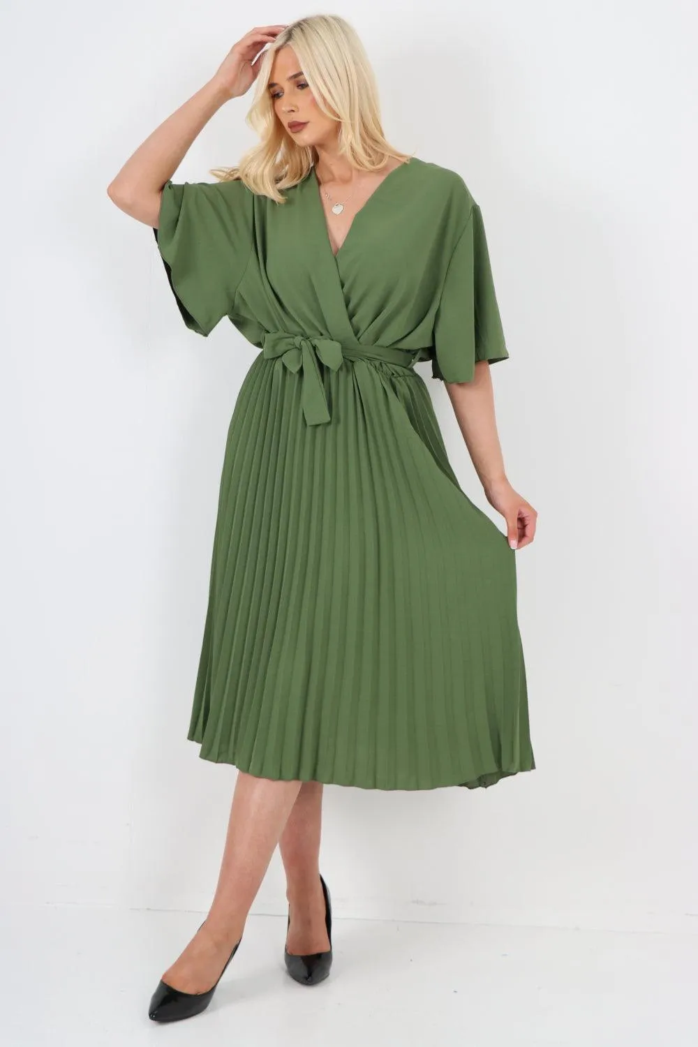 Pleated Belted Wrap Short Sleeve Midi Dress