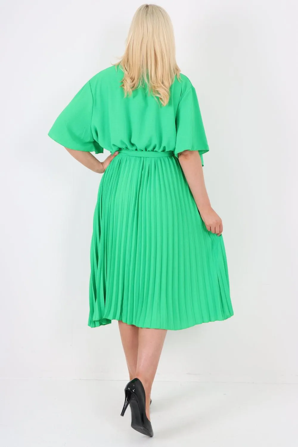 Pleated Belted Wrap Short Sleeve Midi Dress