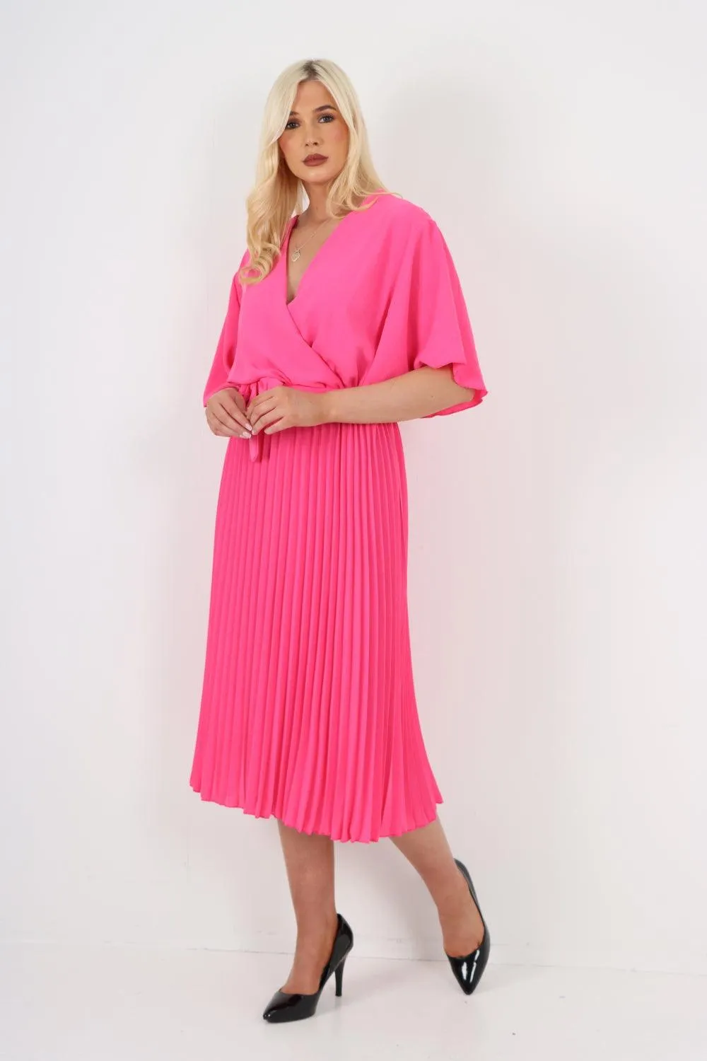 Pleated Belted Wrap Short Sleeve Midi Dress