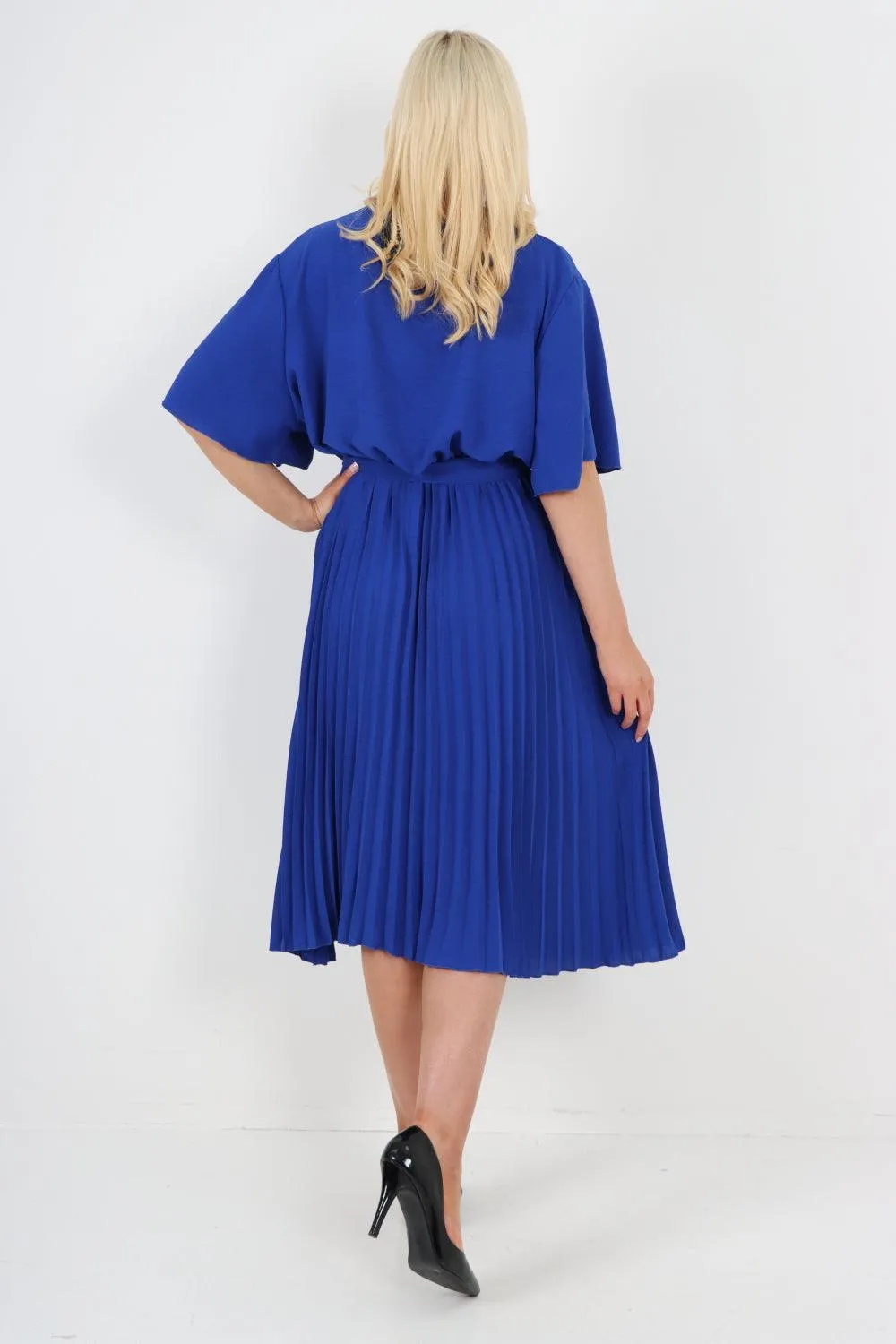 Pleated Belted Wrap Short Sleeve Midi Dress