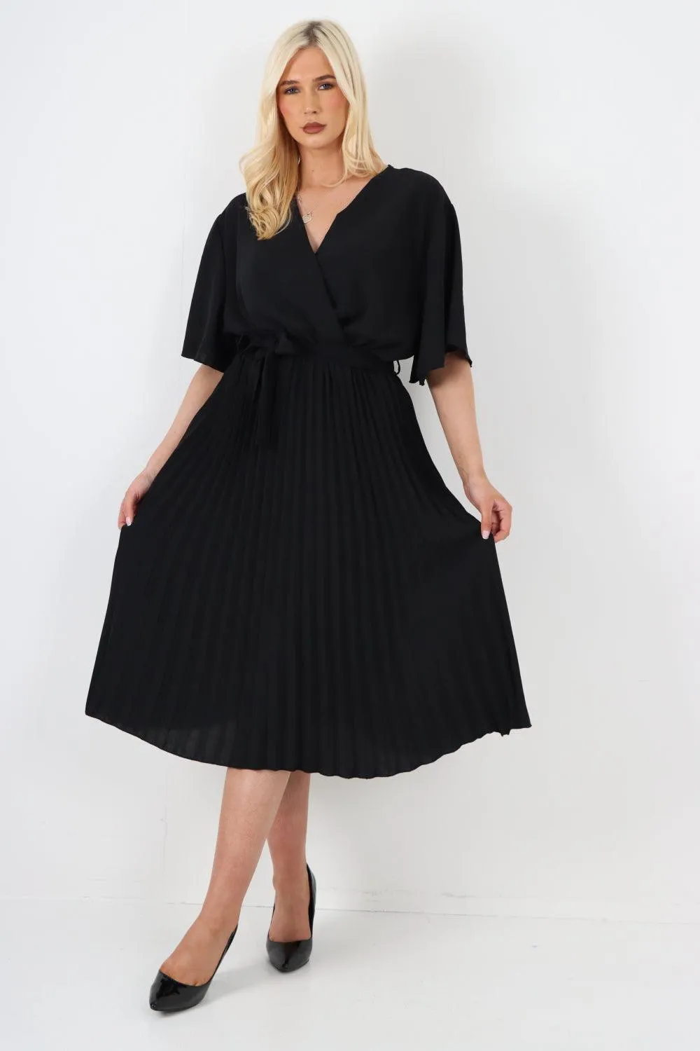 Pleated Belted Wrap Short Sleeve Midi Dress