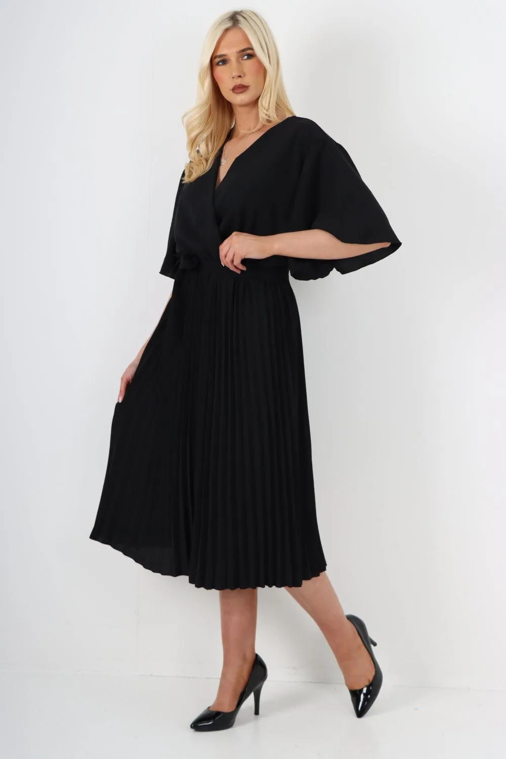 Pleated Belted Wrap Short Sleeve Midi Dress