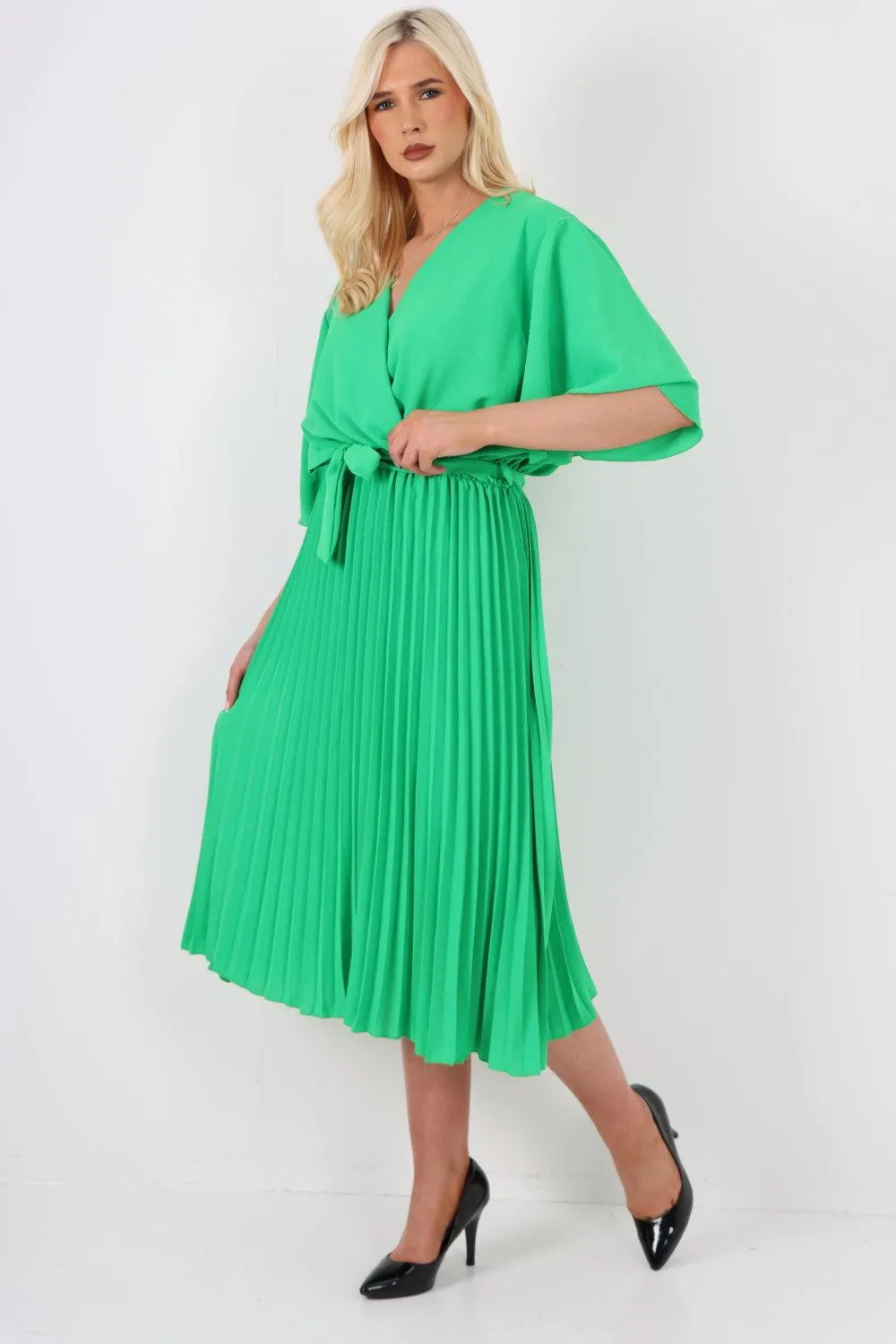 Pleated Belted Wrap Short Sleeve Midi Dress