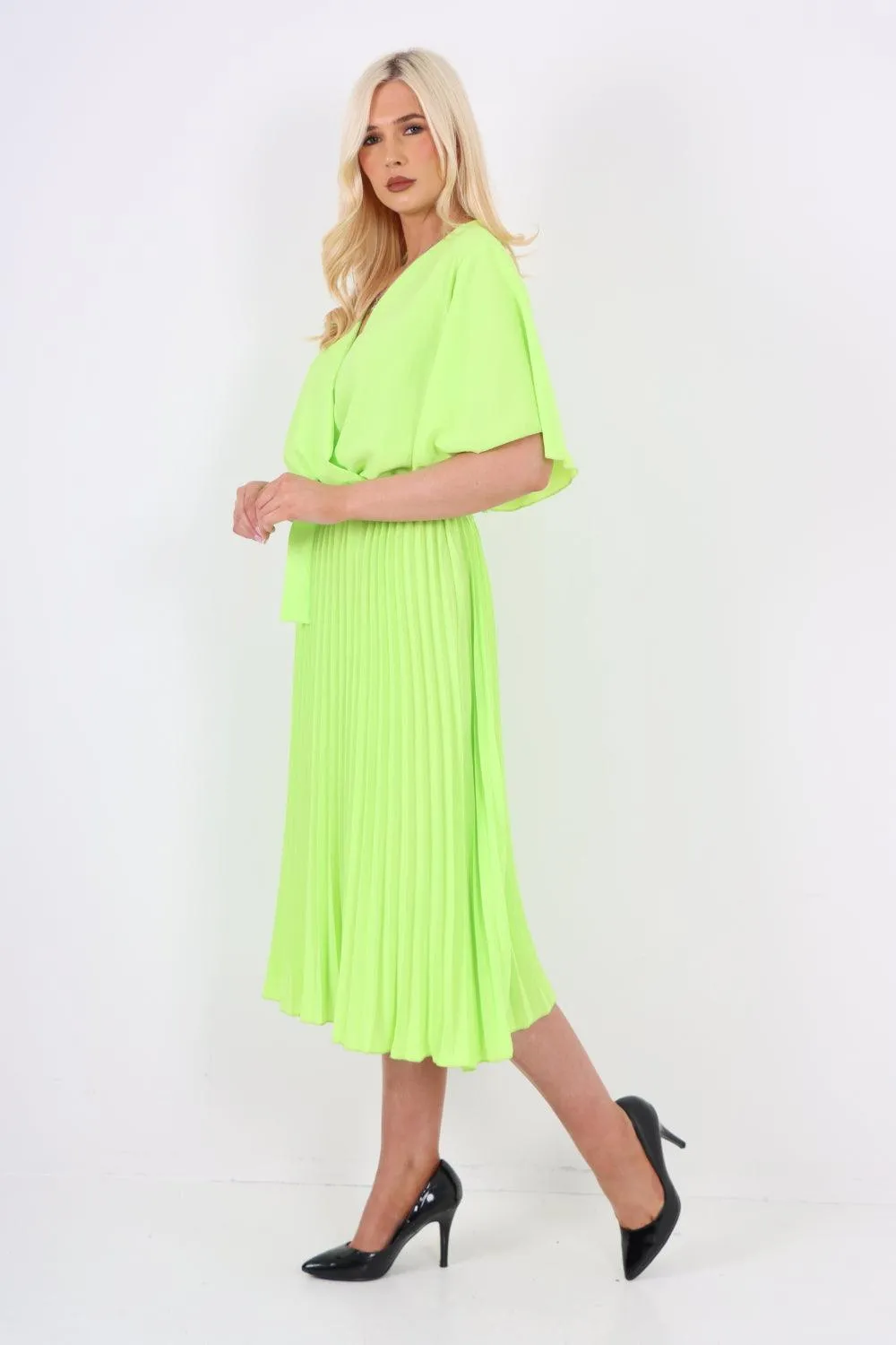 Pleated Belted Wrap Short Sleeve Midi Dress