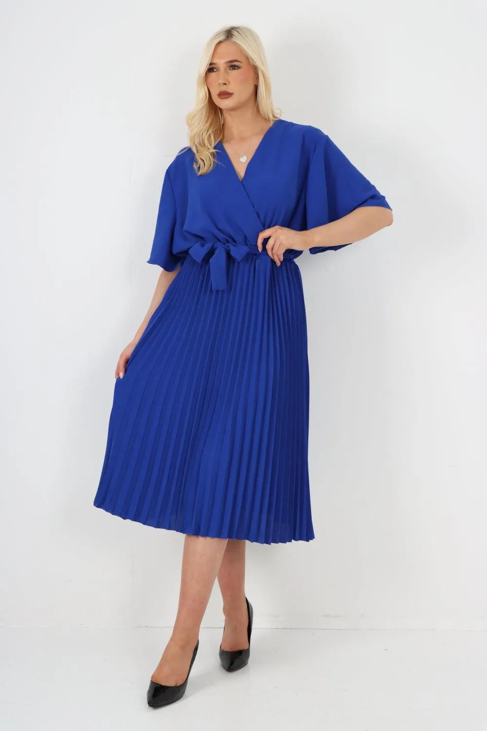 Pleated Belted Wrap Short Sleeve Midi Dress