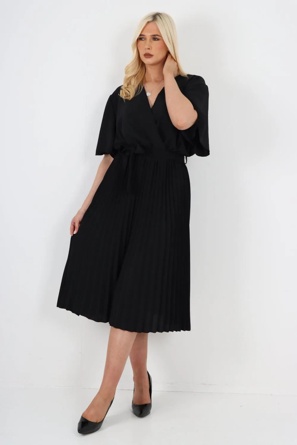 Pleated Belted Wrap Short Sleeve Midi Dress