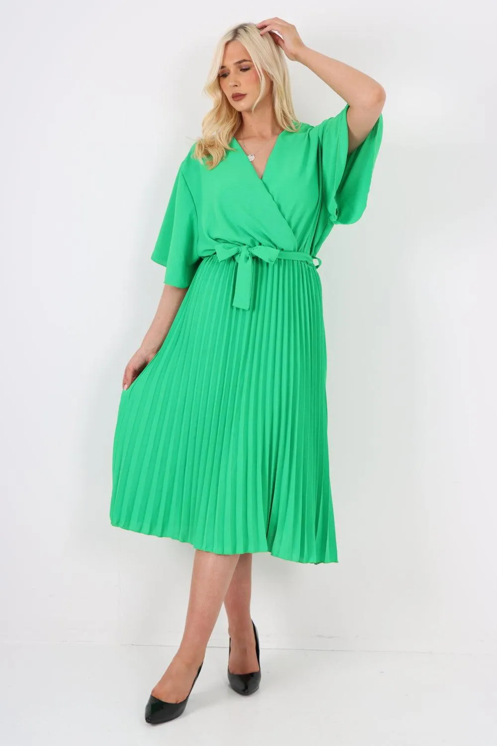 Pleated Belted Wrap Short Sleeve Midi Dress