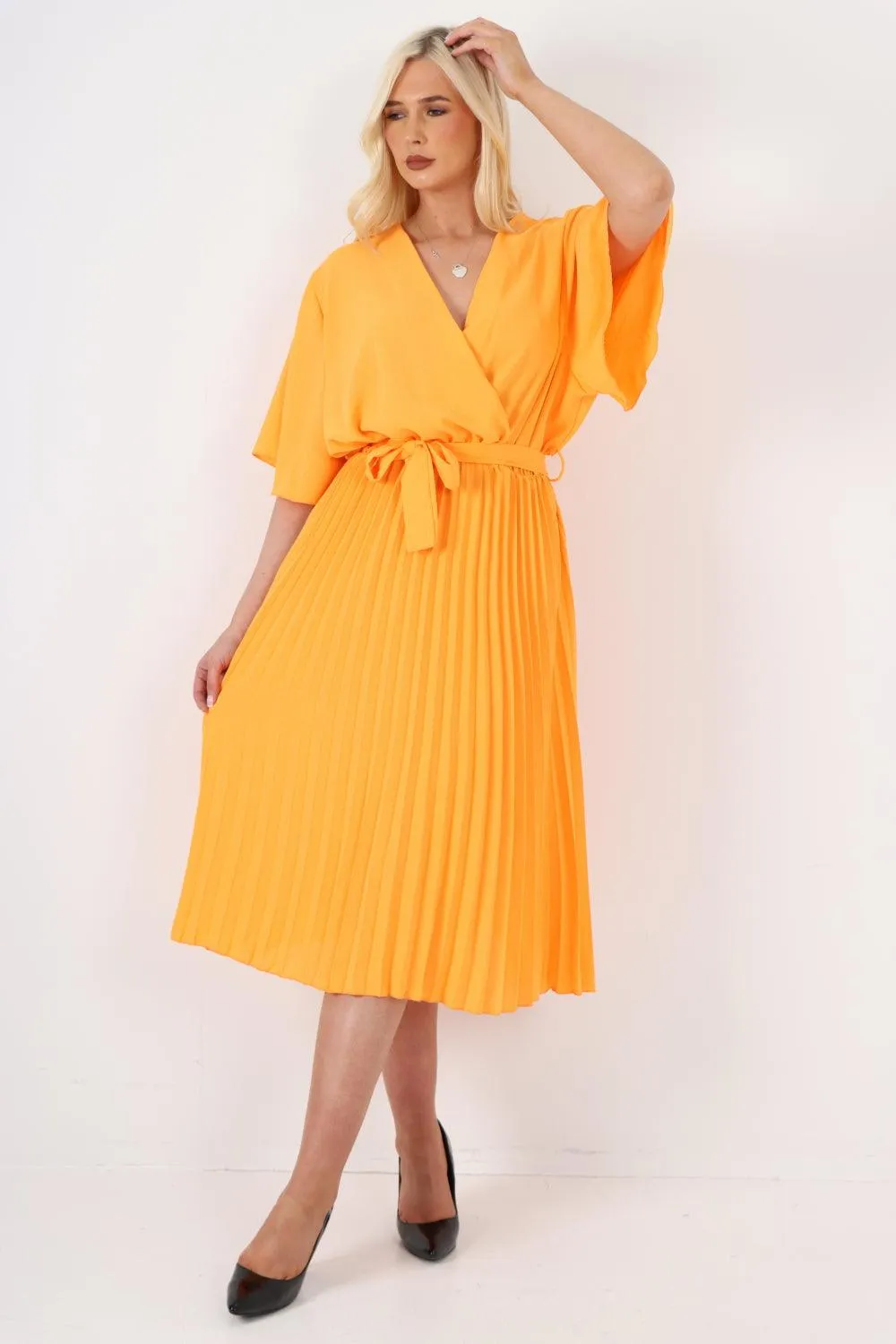 Pleated Belted Wrap Short Sleeve Midi Dress