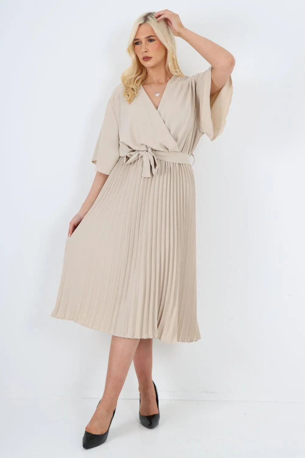 Pleated Belted Wrap Short Sleeve Midi Dress