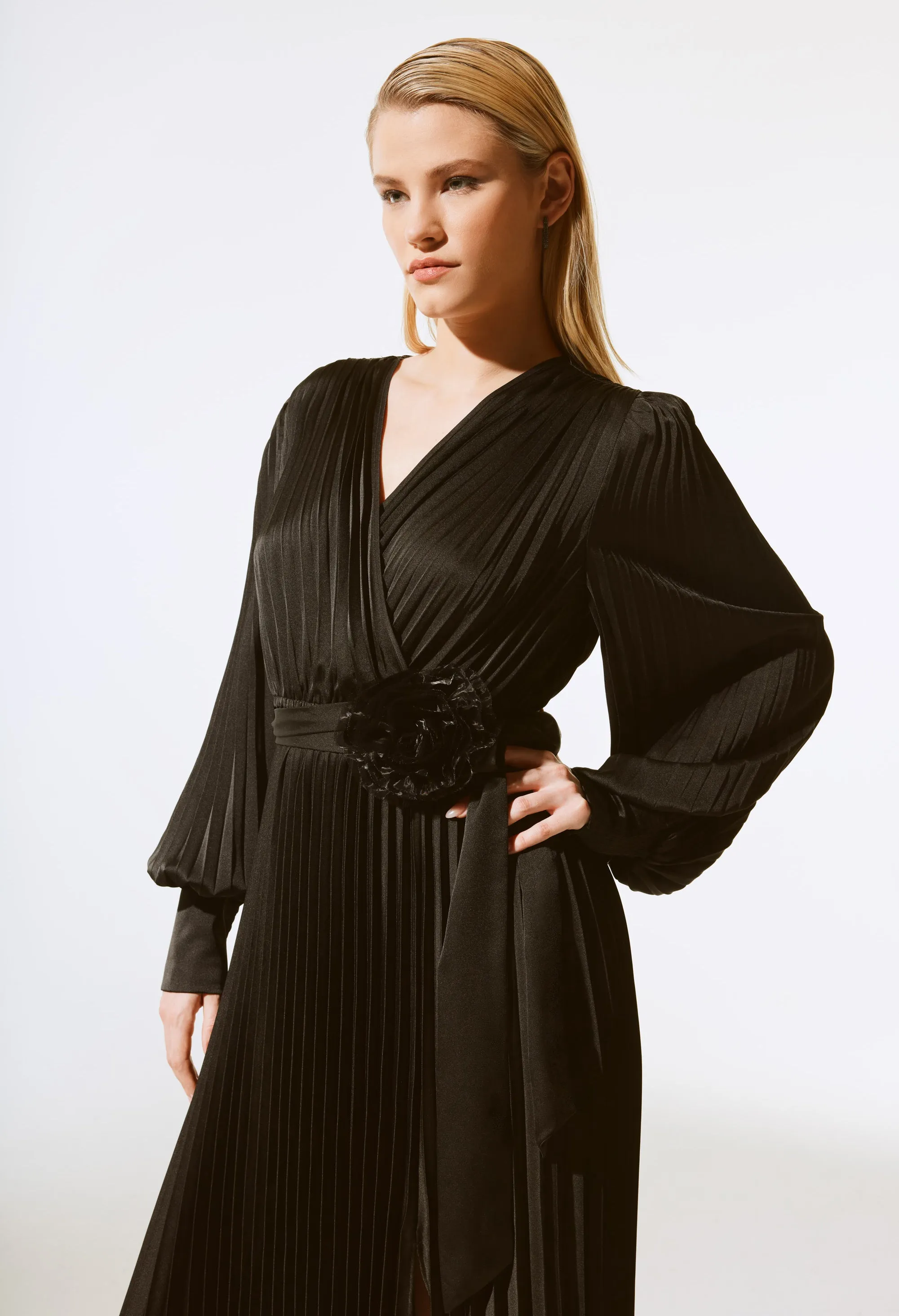 Pleated Wrap Midi Dress