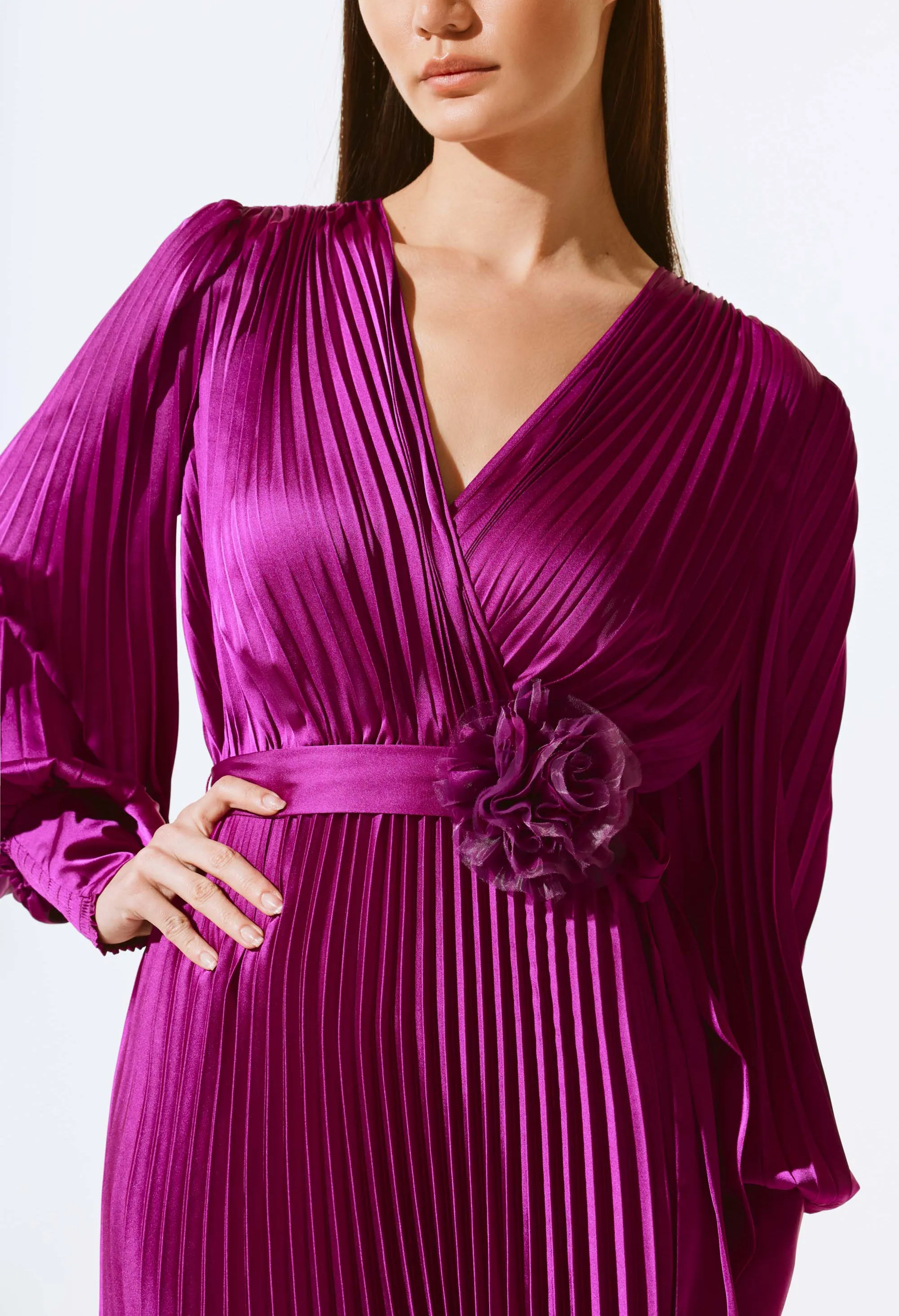 Pleated Wrap Midi Dress